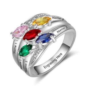Personalized Engraved Mother's Ring 5 Names 5 Birthstones Sterling Silver - Picture 1 of 5