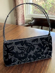 Black Velvet Beaded Top Handle Handbag — 10" x 5" — Beaded Wire Handles 6" Drop - Picture 1 of 12