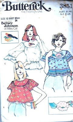 Butterick 3851 rare Betsey Johnson Alley Cat 70s boho top pattern 34" bust - Image 1 of 2