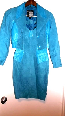 Conjunto de vestido y blazer North Beach de cuero mantecoso/gamuza años 90 dos tonos azul 7/8 Foto 1 de 4