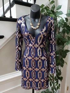 Fashion Nova Women's Blue Sequin Long Sleeve V-Neck Knee Length Dress Size Large - Picture 1 of 13
