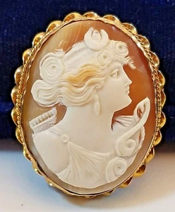 Victorian Carved Shell Lovely Lady Cameo Pin Brooch Pendant in 10K Braided Frame - Picture 1 of 8