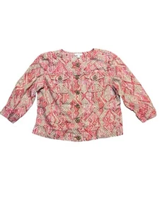 Charter Club Jacket Womens Large Pink Tan Linen Aztec Southwest Print Button Up - Picture 1 of 7