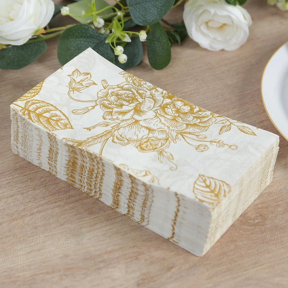 50 White with Gold Paper 2-Ply Dinner Napkins in French Toile Floral Pattern - Image 1 of 4