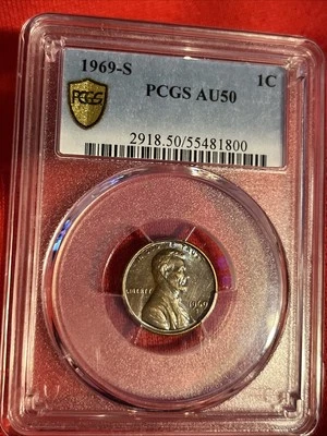 1969-S PCGS AU50 Lincoln Cent , Beautiful Color, Rare S MINT, Blue Label - Image 1 of 3