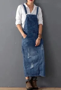 Women's Fashion Denim Skirt Ripped Strap Skirt Medium and Long Worker Dress New - Picture 1 of 7