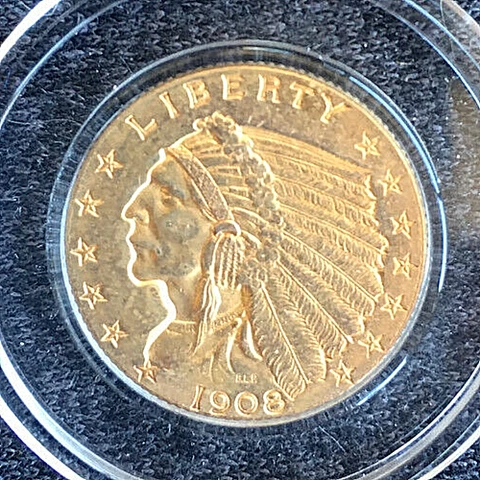 1908 $2.5 Dollar Indian Head Gold Quarter Eagle, US Gold Coin, Ungraded Cover