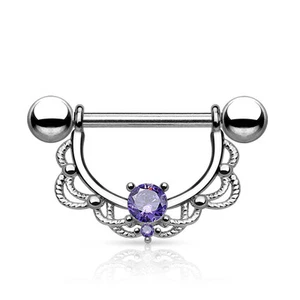 Pair of CZ Centered Fligree Drop Surgical Steel Nipple Rings Barbells 14G 5/8" - Picture 1 of 9