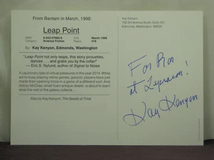 signed by authr Kay Kenyon, promotional postcard for her book Leap Point - Picture 1 of 2