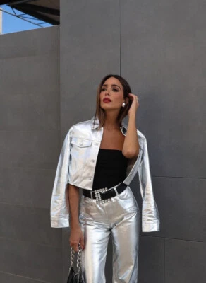 ZARA Z1975 STRAIGHT-CUT HIGH-WAIST METALLIC JEANS SILVER CROP FW24 REF. 1889/175 - Image 1 of 4