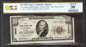 1929 $ 10 GASDEN NATIONALE BANKNOTE WÄHRUNG ALABAMA ENTDECKUNG NOMINAL PCGS SEHR GUTER ZUSTAND 30 - Bild 1 von 2