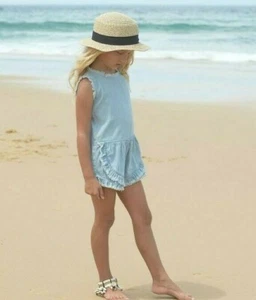NEW NWT Lt Blue Denim Beautiful Split back Short Romper-Mii love Mu 5Y fit 5/6Y - Picture 1 of 11