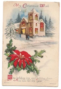 MEIN WEIHNACHTSWUNSCH beleuchtete Kirche Schnee Winter Weihnachtsstern Postkarte Wolf & Co. USA - Bild 1 von 2