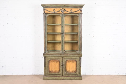 Contemporary Neoclassical Italianate Carved Painted Breakfront Bookcase Cabinet Cover
