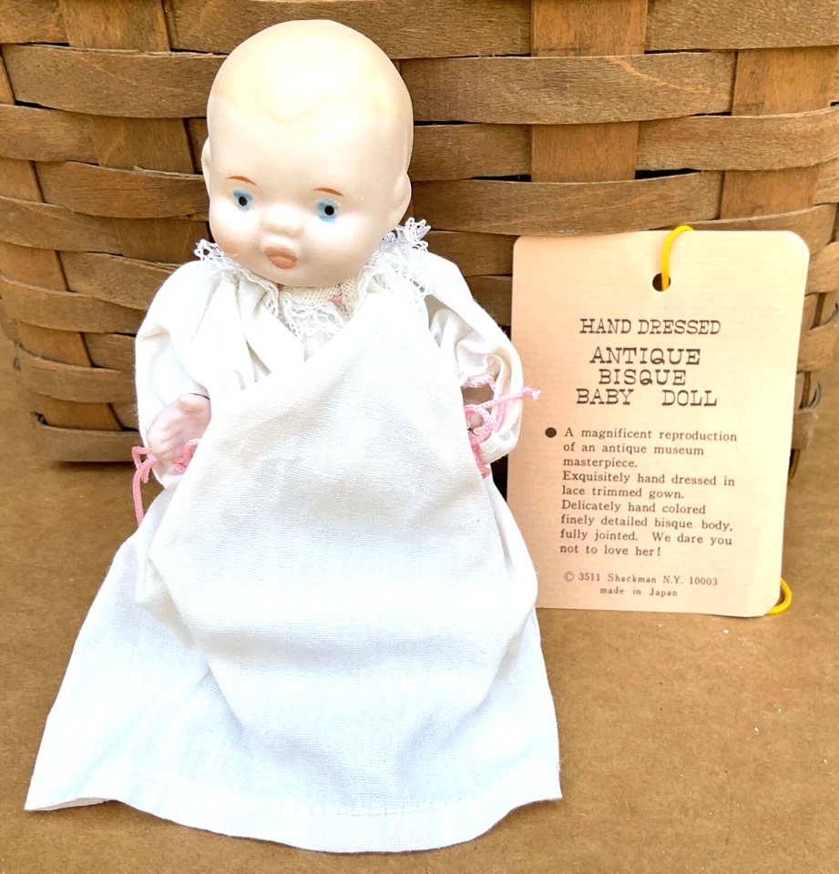 Hermosa muñeca bebé Shackman Bisque vintage de 5 pulgadas en caja - vestido original, azul Foto 1 de 4