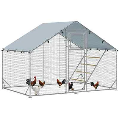 Walk-In Chicken Run with Cover Feeder Perch Feeding Door for 6-8 Poultry Silver - Image 1 of 4