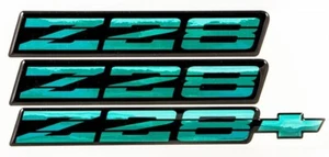 1982-1992 Camaro Z28 Teal Rocker Panel & Rear Bumper Emblem Set of 3 9192Z28TEAL - Picture 1 of 2