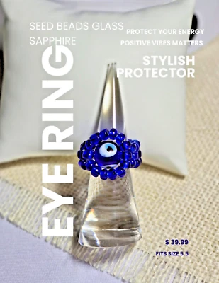 Evil Eye  Ring  Your Stylish Guardian! Sz 5.5 Sapphire Glass Seed Beads - Image 1 of 2