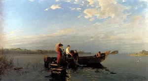 Ölgemälde Joseph Wopfner - Ein Nachmittag Bootfahren auf dem Fluss Versandkostenfrei - Bild 1 von 1