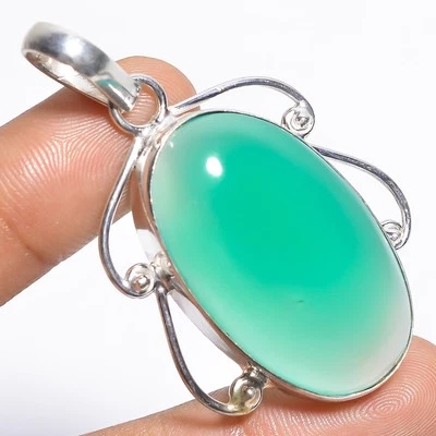 Pingente de prata étnico feito à mão pedra preciosa calcedônia verde 2,1" PW162 presente para ela - Imagem 1 de 4