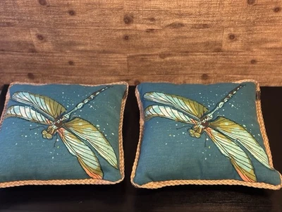 Set of 2 Allen + Roth Dragon Fly Throw Accent Pillows 16x16 Turquoise Color - Image 1 of 4