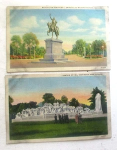 2 Vintage 40er Jahre Leinen Postkarten von Wahrzeichen in Washington Park, Chicago - Bild 1 von 2