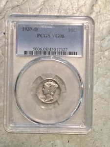 1937D Mercury Dime VG 08 PCGS 90% Silver 10c US Coin - Picture 1 of 4