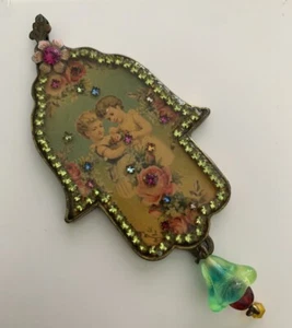 Michal Negrin Hamsa Necklace Victorian Children Angels Photo Roses Crystals - Picture 1 of 7