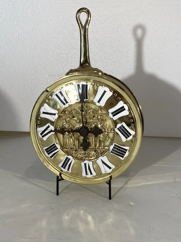 Decorative Brass and Copper Clock in the Shape of Frypan With Enamel Dial Cover