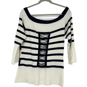 Ann Fontaine Stripe Top Blouse Lace Up Blue Ivory Boat Neck Ribbed Size 42 10 - Picture 1 of 11