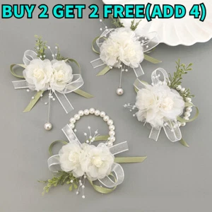 Women Bridesmaid Wrist Corsage Bridal Party Wedding Pearl Bracelet Hand Flowers - Picture 1 of 30