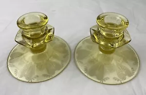 Depressionsglas Fostoria Trojanischer Topas gelb Kegel Kerzenhalter 2er Set - Bild 1 von 4