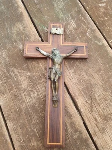 Vintage Crucifix Harwood Inlaid Wall Mountable Crucifix - Picture 1 of 11