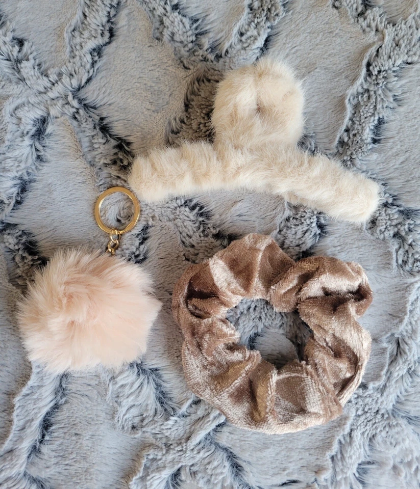 Large Furry Fuzzy Hair Claw Clip, Velvet Scrunchie, Pom Keychain Beige Gift Set - Image 1 of 1
