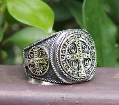 Saint Benedict Crucifix Ring 925 STERLING SILVER Catholic Holy Father Christian - Image 1 of 4