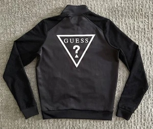 Guess schwarze leichte Jacke mit Reißverschluss und Netzärmeln großes Logo Größe XS EUC - Bild 1 von 13