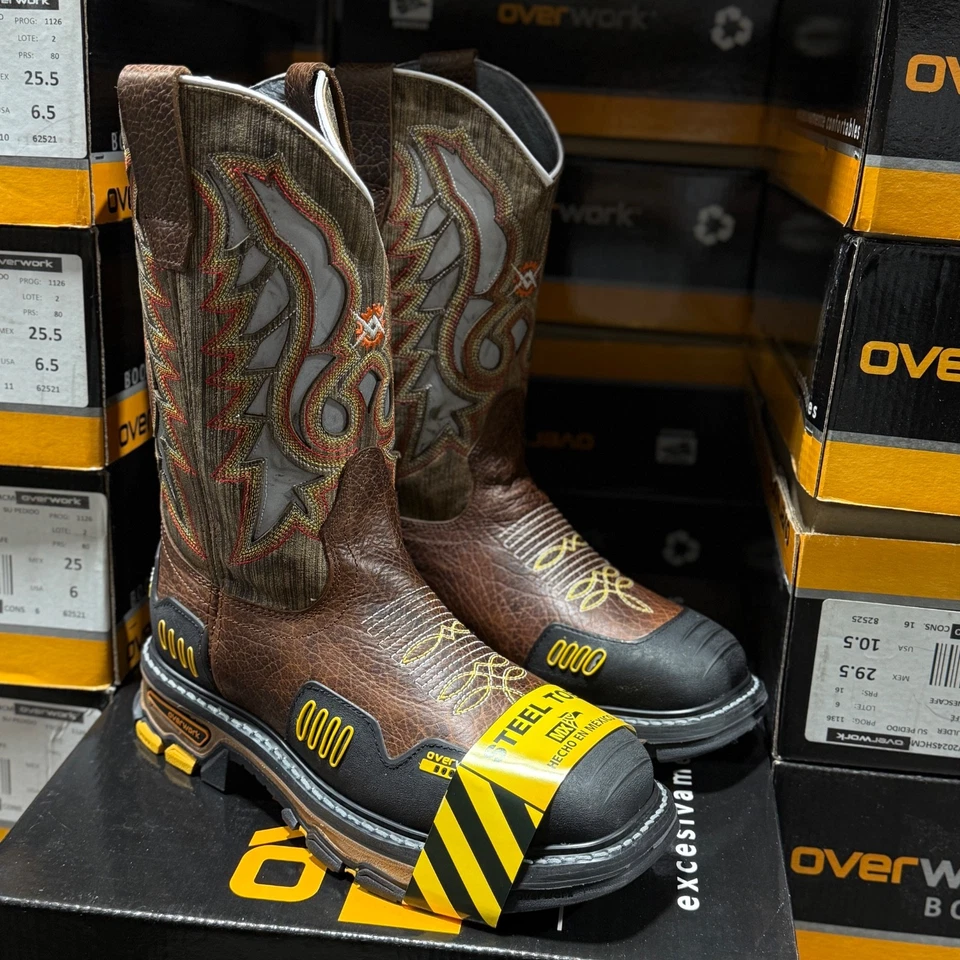 BOTAS DE TRABALHO MASCULINAS BIQUEIRA DE AÇO COM BIQUEIRA QUADRADA WESTERN RANCH BOTAS DE CAFÉ RESISTENTES - Imagem 1 de 4