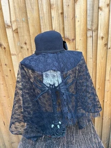 Unique Black Gothic Wool Wide Brim Floppy Hat "LYDIA" Lace Veil Bow 57cm (23) - Picture 1 of 5