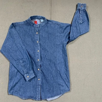 VTG 80s Denim Shirt Womens Small Button Up Long Sleeve Blue Boho Pleated Western - Image 1 of 4