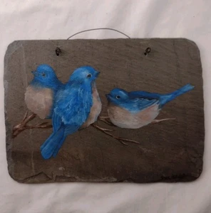 Antikes Dachschiefer Original Gemälde Bluebirds auf Ast Handwerk Wandkunst 9,5x7" - Bild 1 von 2