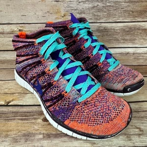 Nike Womens Orange Purple Flyknit Chukka High Top Running Sneakers 7 - Picture 1 of 13