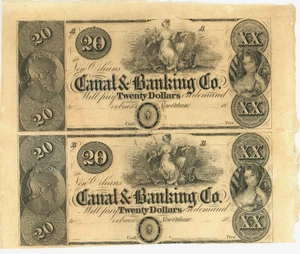 Canal Bank New Orleans Louisiana de 1850 hoja sin cortar de 2 billetes obsoletos de $20 - AU - Imagen 1 de 2