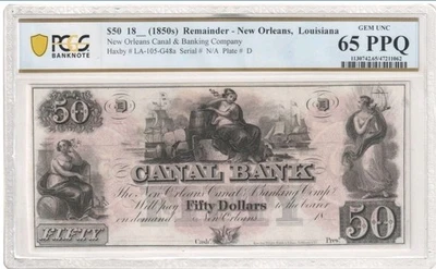 1850s $50 Canal Bank, New Orleans Louisiana Obsolete - PCGS B 65 PPQ - Image 1 of 2