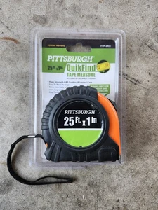 Pittsburgh Tape Measure 25ft x 1" Quick Find Rubber Grip -Thumb Lock - Belt Clip - Picture 1 of 3