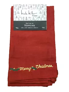 Nicole Miller Set of 4 Cotton Dinner Napkins Red Merry Christmas Embroidered 18" - Picture 1 of 4