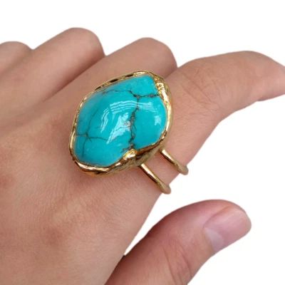 Big Blue Turquoise Rings New Fashion Gold Plated Stone Ring - Image 1 of 4