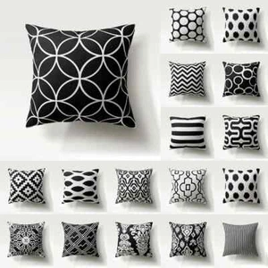 Black White Geometric Polyester Cushion Cover Polyester Print Pillow Cover - Picture 1 of 42