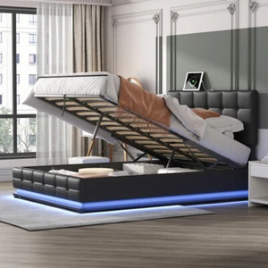 Upholstered Platform Bed with Hydraulic Storage System,LED Lights,USB charger - Picture 1 of 22