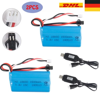 2 stk 7,4V 1500mAh Li-Ion Akku Batteire SM Plug mit USB-Kabel für RC Auto Boot - Bild 1 von 4