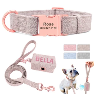 Personalised Tweed Dog Pet ID Collar &Lead &Poop Waste Bag Dispenser for Walking - Picture 1 of 16